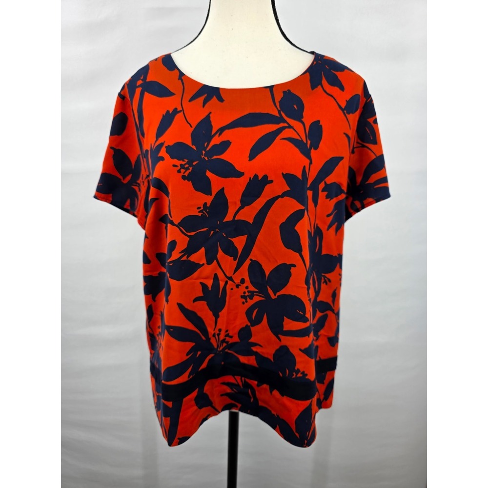 J.Crew Womens Orange Navy Blue Floral Short Sleeve Blouse Top Size M 2562